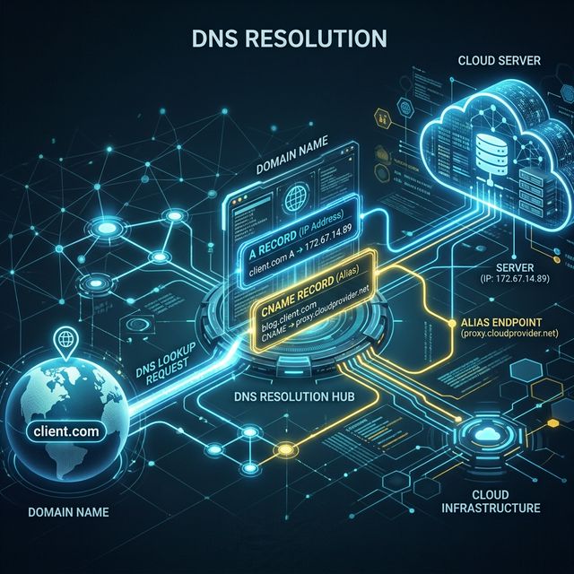 Sơ đồ phân giải DNS: tên miền qua bản ghi A và CNAME dẫn tới máy chủ đích