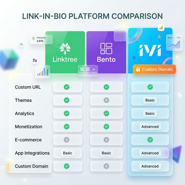 Bảng đối chiếu tính năng giữa các nền tảng link-in-bio: URL riêng, giao diện, thống kê, tên miền riêng
