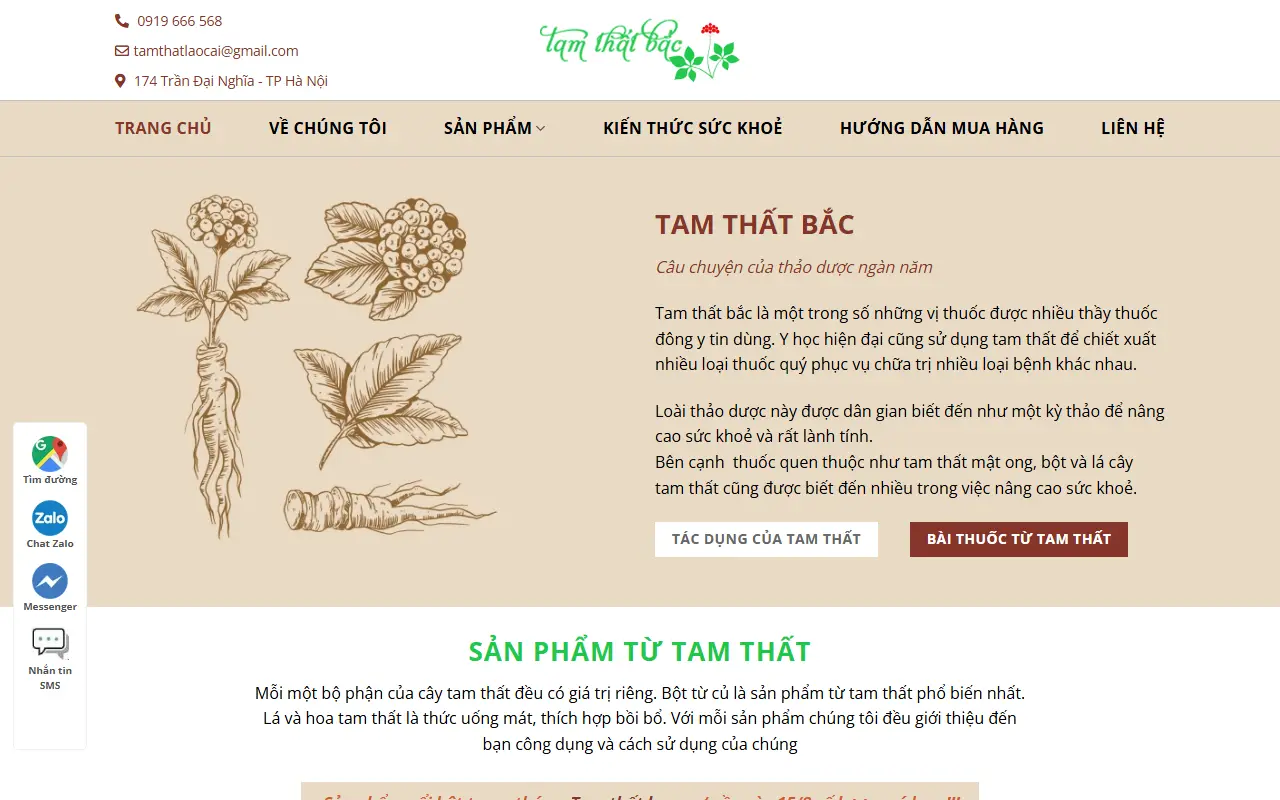 Mẫu website Cửa hàng Tam Thất Bắc Lào Cai, Cung cấp sản phẩm tam thất chất lượng