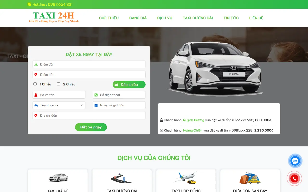 Mẫu website Taxi Nhanh 24h – An toàn, tận tâm, nhiệt tình
